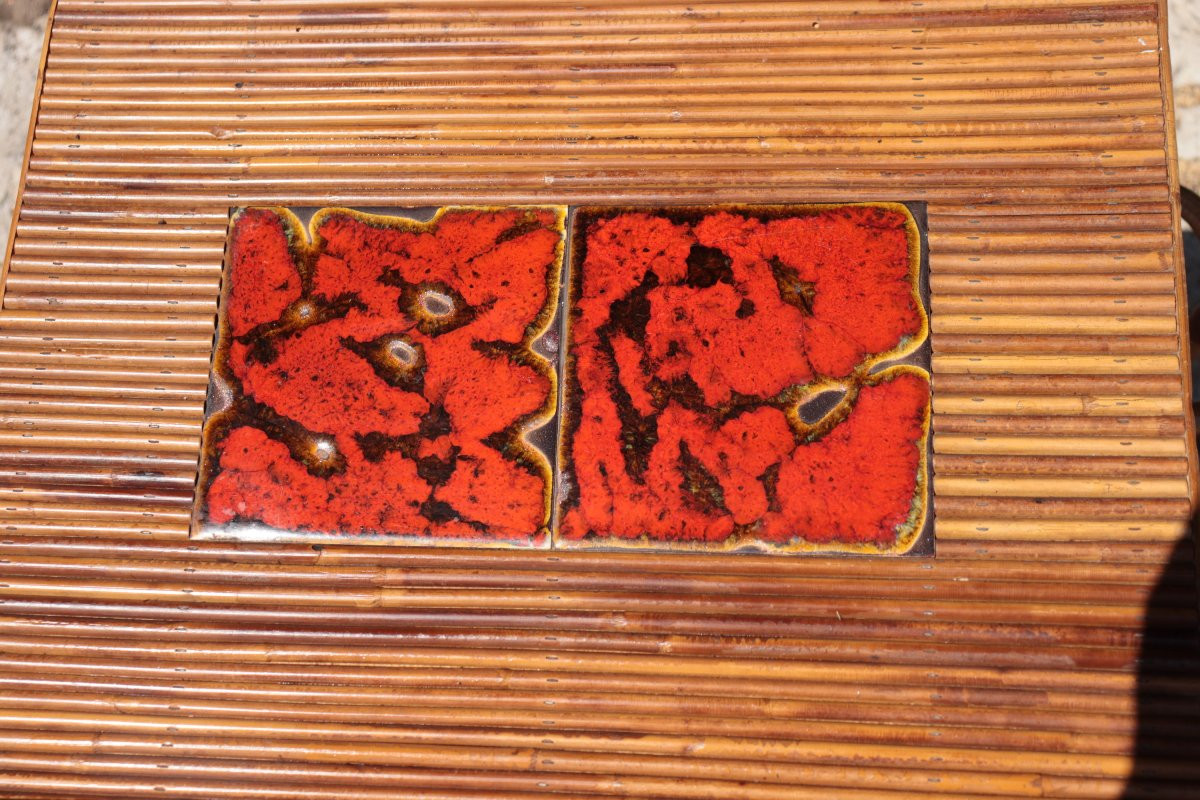 Rattan And Ceramic Rolling Table By Audoux-minnet, Circa 1950-photo-5