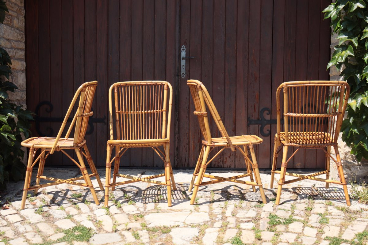 Suite de six chaises en rotin de Audoux-Minnet, vers 1950-photo-3