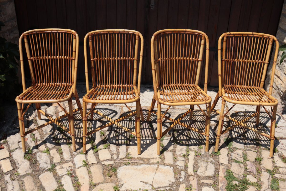 Suite de six chaises en rotin de Audoux-Minnet, vers 1950-photo-4