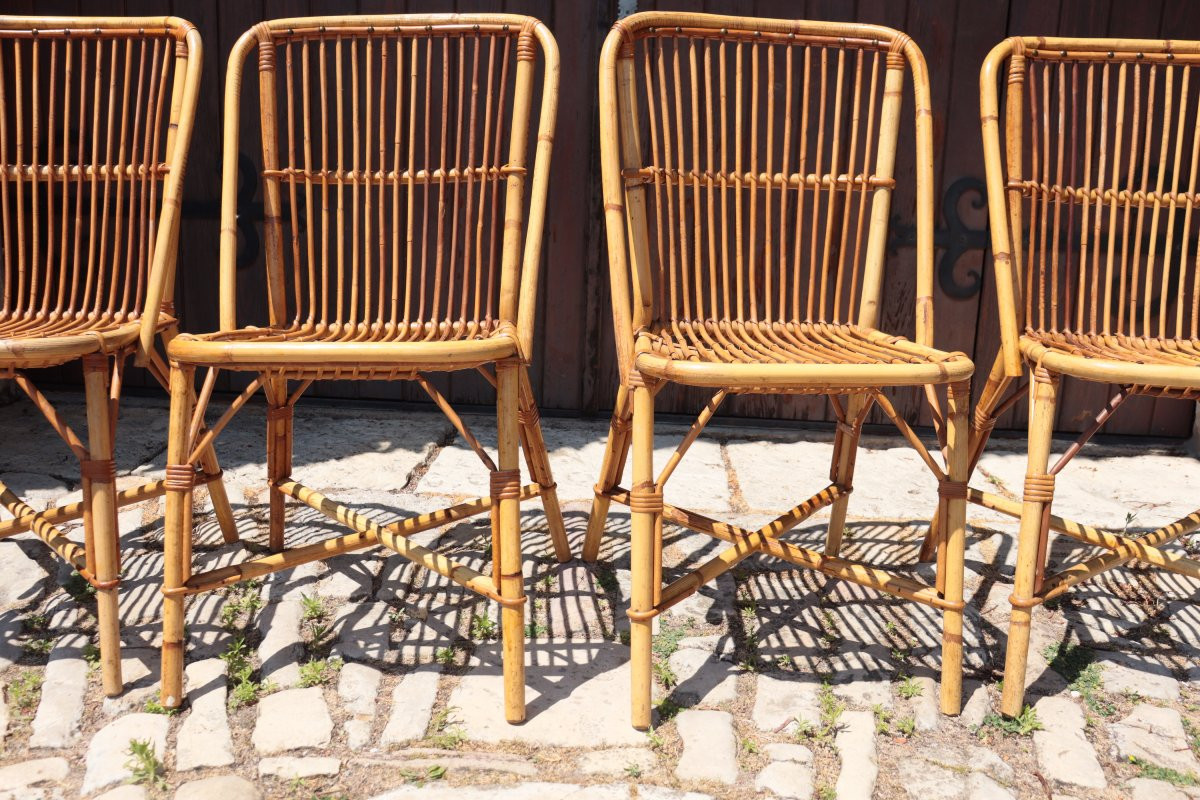Suite de six chaises en rotin de Audoux-Minnet, vers 1950-photo-3