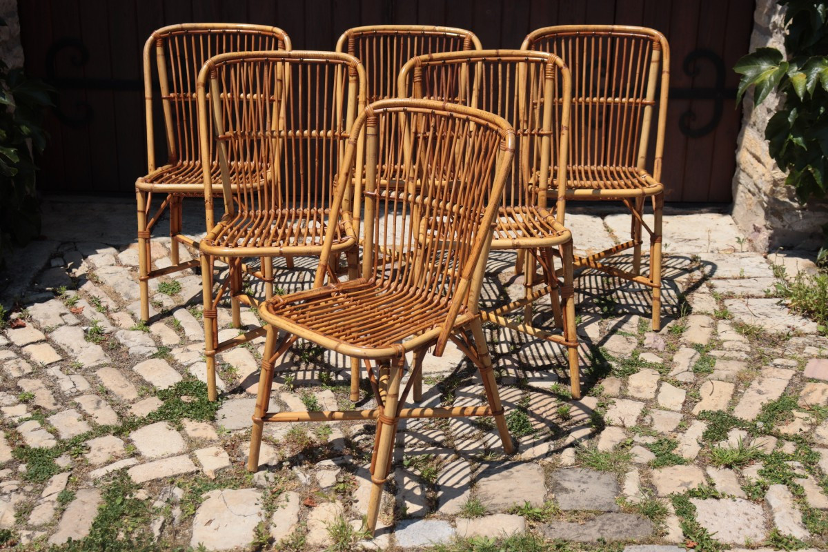 Suite de six chaises en rotin de Audoux-Minnet, vers 1950