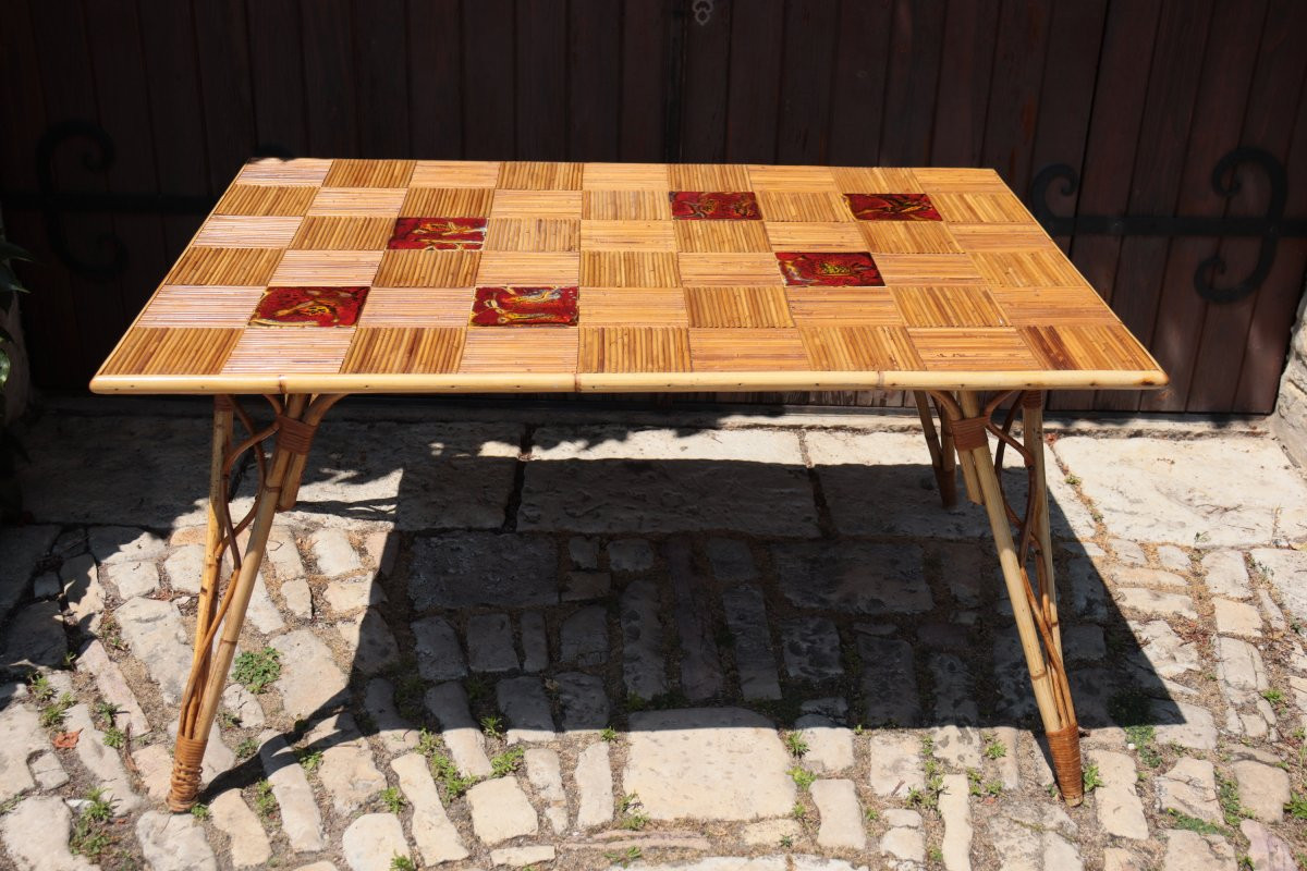 Rectangular Rattan And Ceramic Table By Audoux-minnet, Circa 1950-photo-3