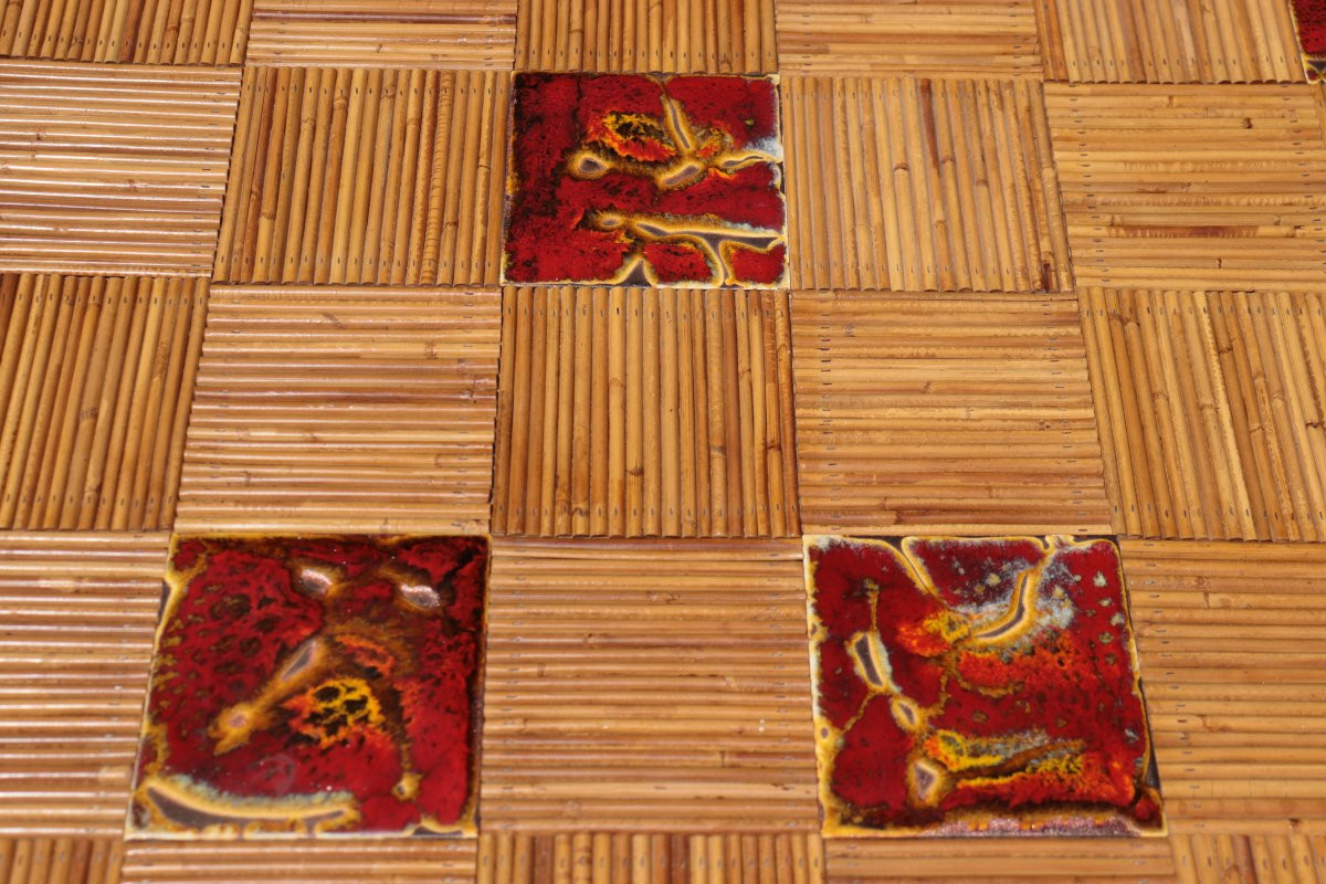 Rectangular Rattan And Ceramic Table By Audoux-minnet, Circa 1950-photo-4