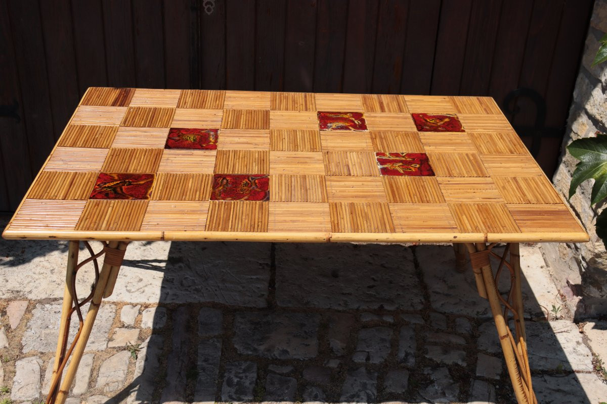 Rectangular Rattan And Ceramic Table By Audoux-minnet, Circa 1950-photo-1