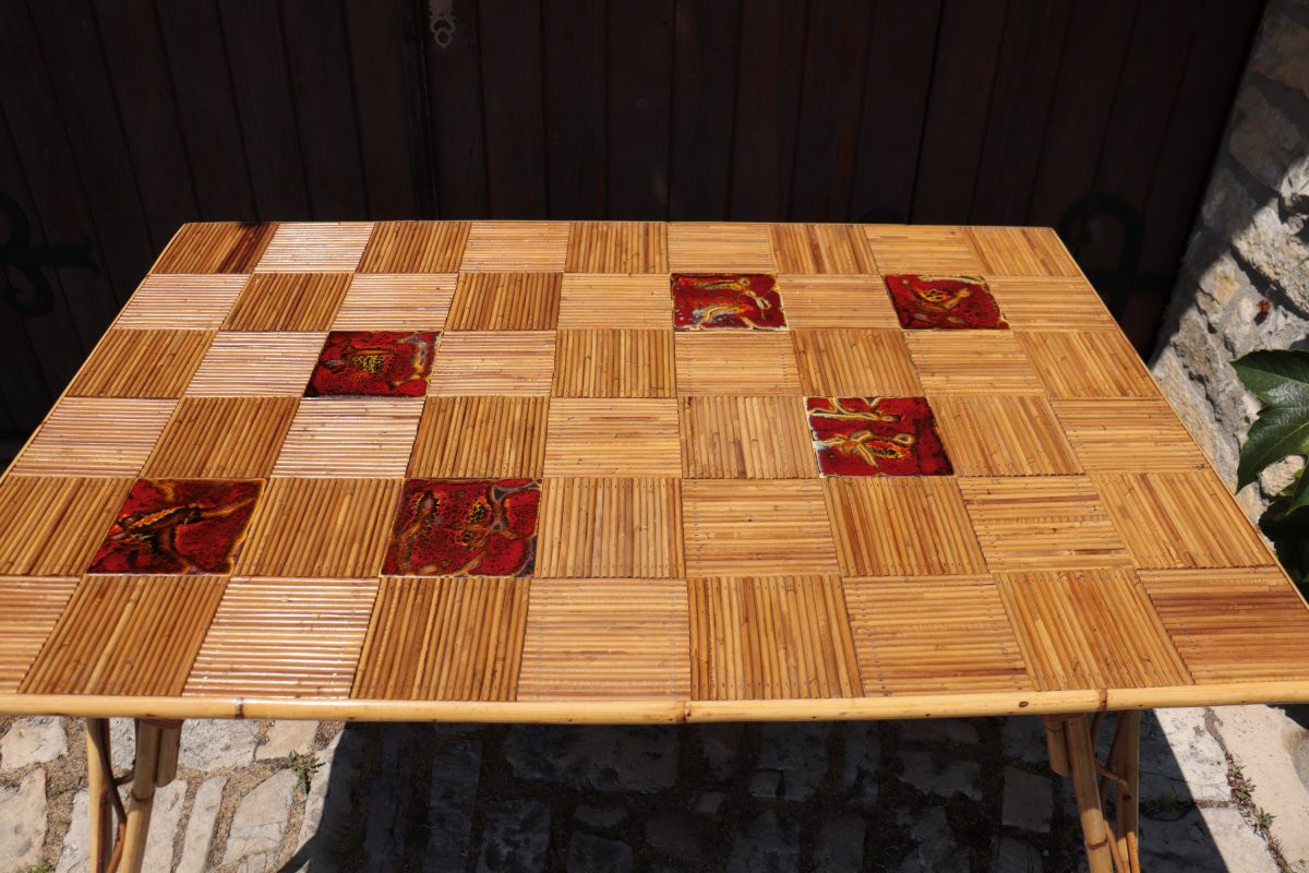 Rectangular Rattan And Ceramic Table By Audoux-minnet, Circa 1950-photo-3