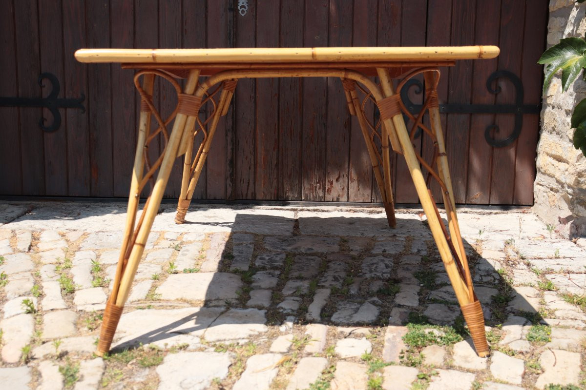 Rectangular Rattan And Ceramic Table By Audoux-minnet, Circa 1950-photo-4