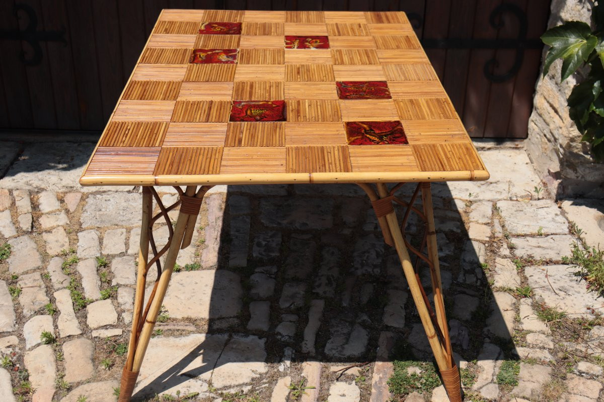 Rectangular Rattan And Ceramic Table By Audoux-minnet, Circa 1950-photo-5