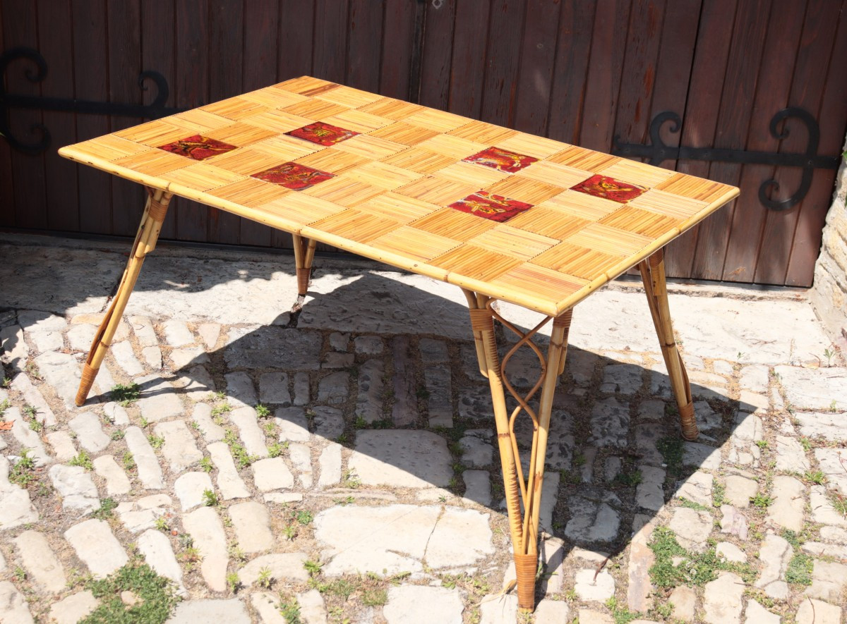 Rectangular Rattan And Ceramic Table By Audoux-minnet, Circa 1950