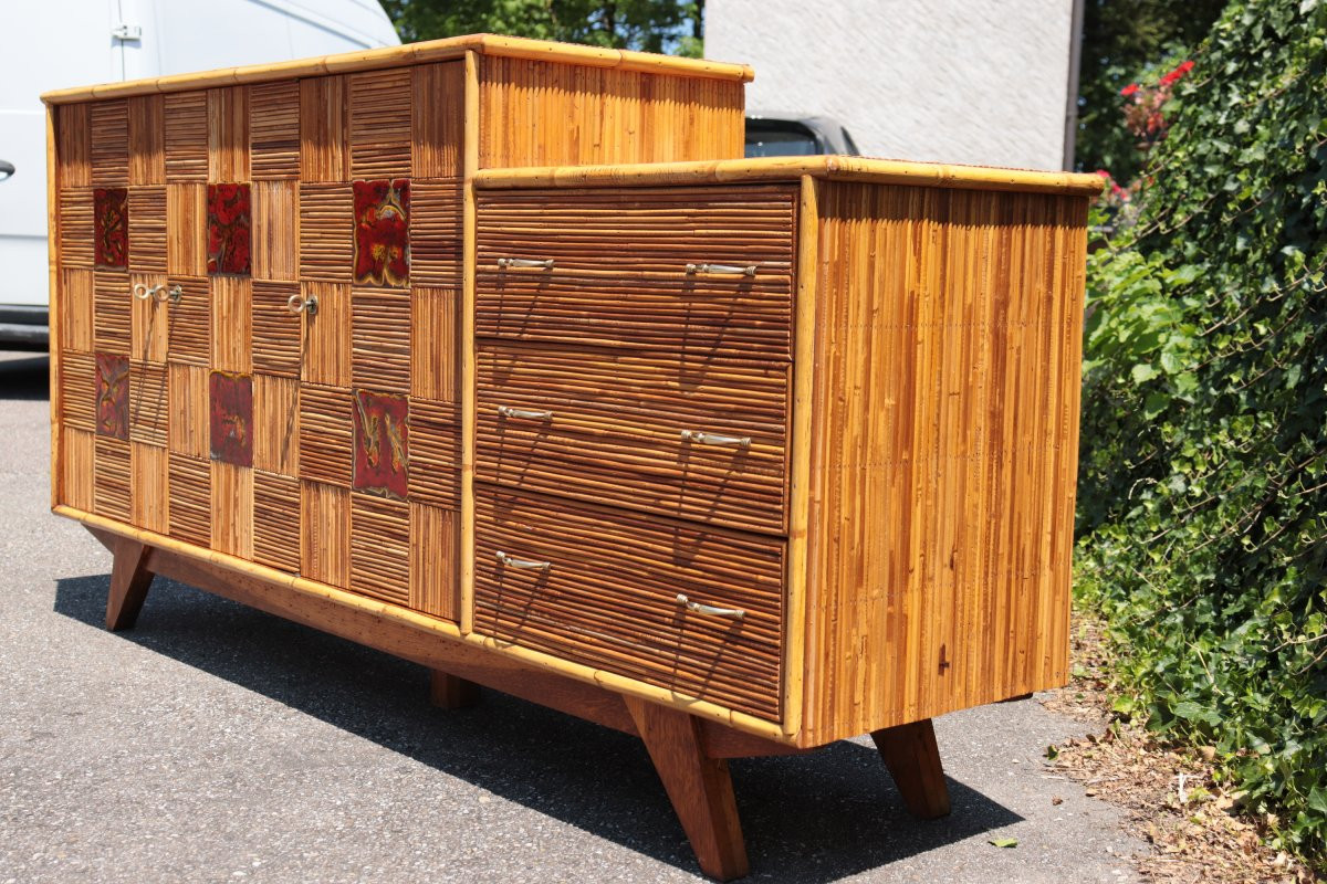 Enfilade en rotin et céramique de Audoux-Minnet, France, circa 1950-photo-3