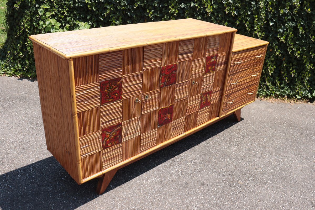 Enfilade en rotin et céramique de Audoux-Minnet, France, circa 1950-photo-4