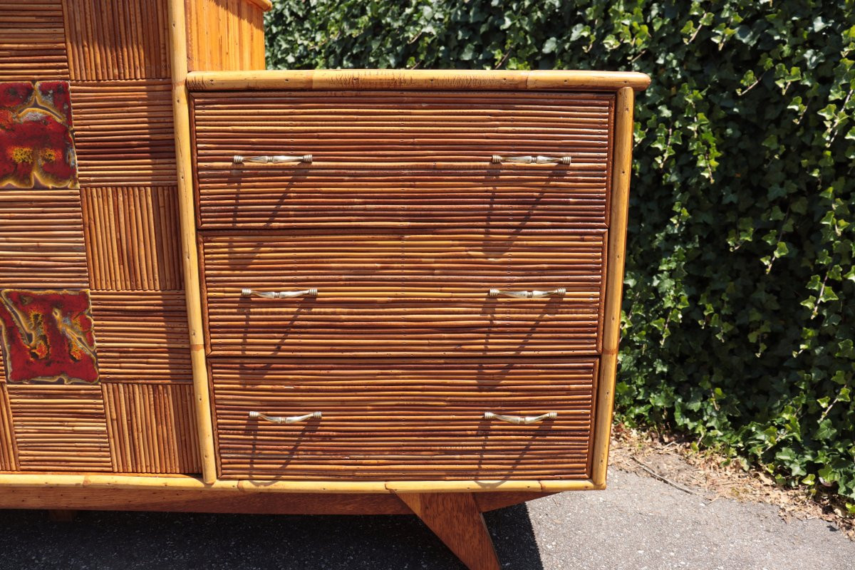 Enfilade en rotin et céramique de Audoux-Minnet, France, circa 1950-photo-3