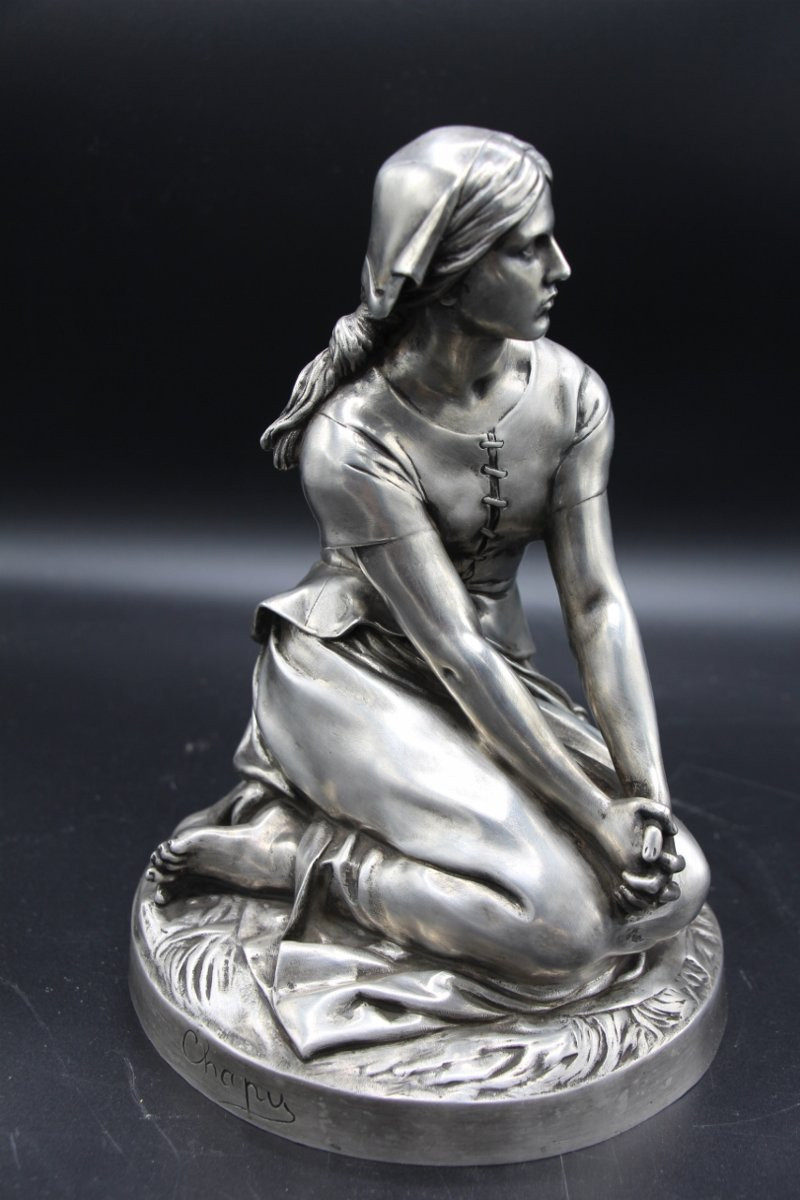 Bronze de Jeanne D'arc a patine argent , Barbedienne XIXème-photo-1