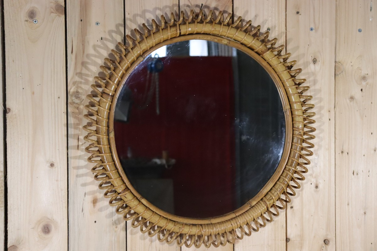 miroir rond en bambou et rotin de franco albini 1960-photo-2