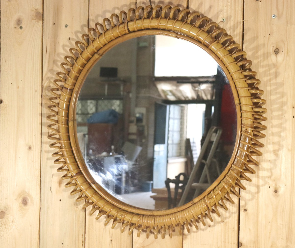miroir rond en bambou et rotin de franco albini 1960