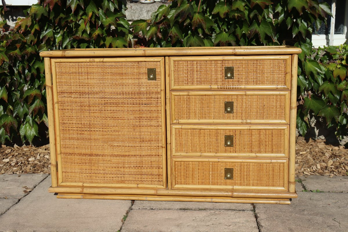 Rattan And Bamboo Sideboard Signed By Dal Vera Italy 1960-photo-3