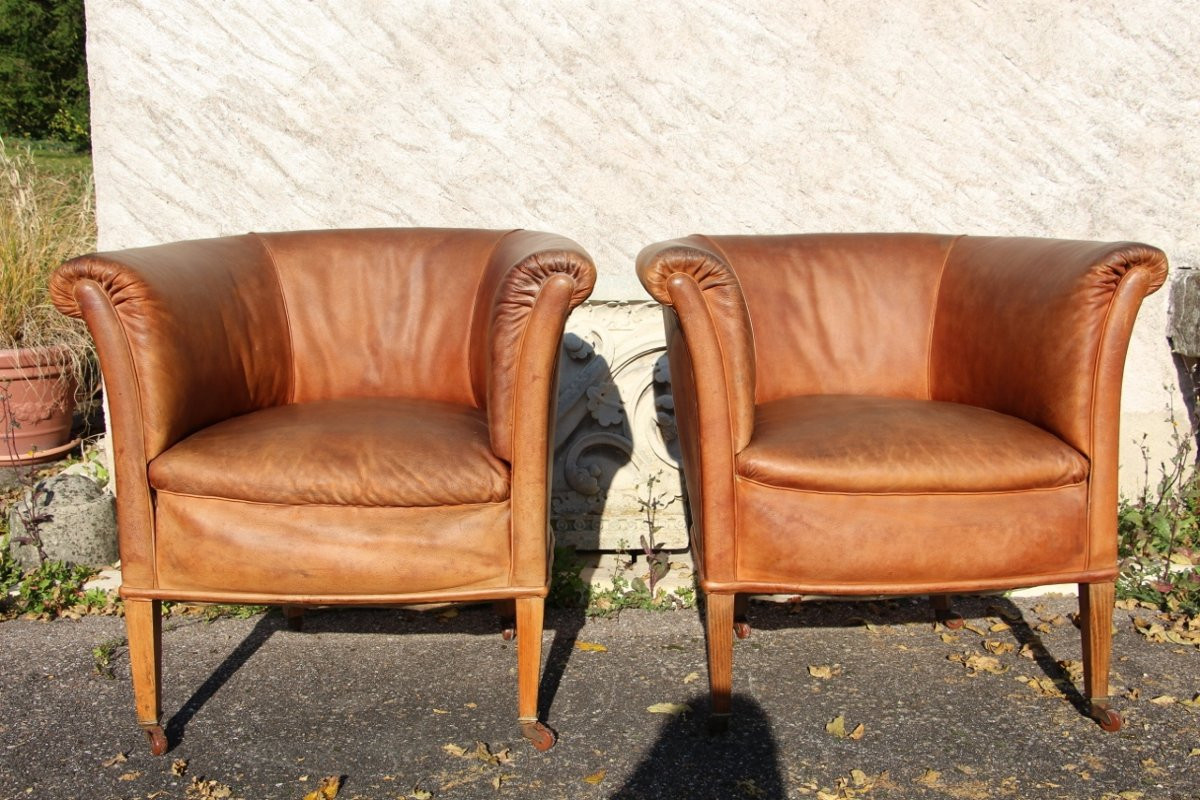 série de quatre fauteuils club tonneaux art déco -photo-3