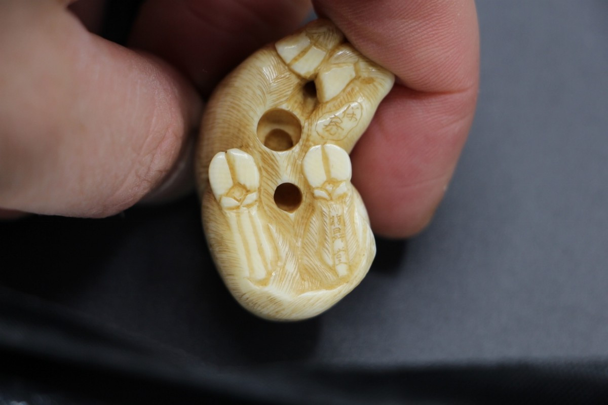 Carved Ivory Netsuke, Japan, Meiji Period (1868–1912), Crouching Boar, Signed-photo-2