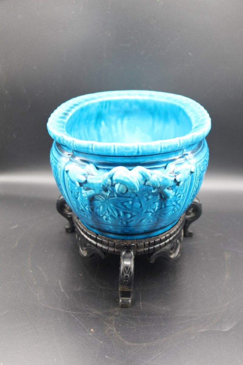 Jardinière ovale en céramique de Théodore Deck bleu-photo-4