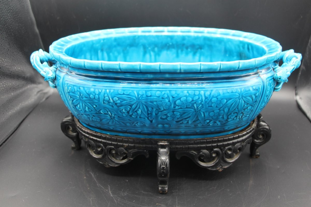 Jardinière ovale en céramique de Théodore Deck bleu-photo-1