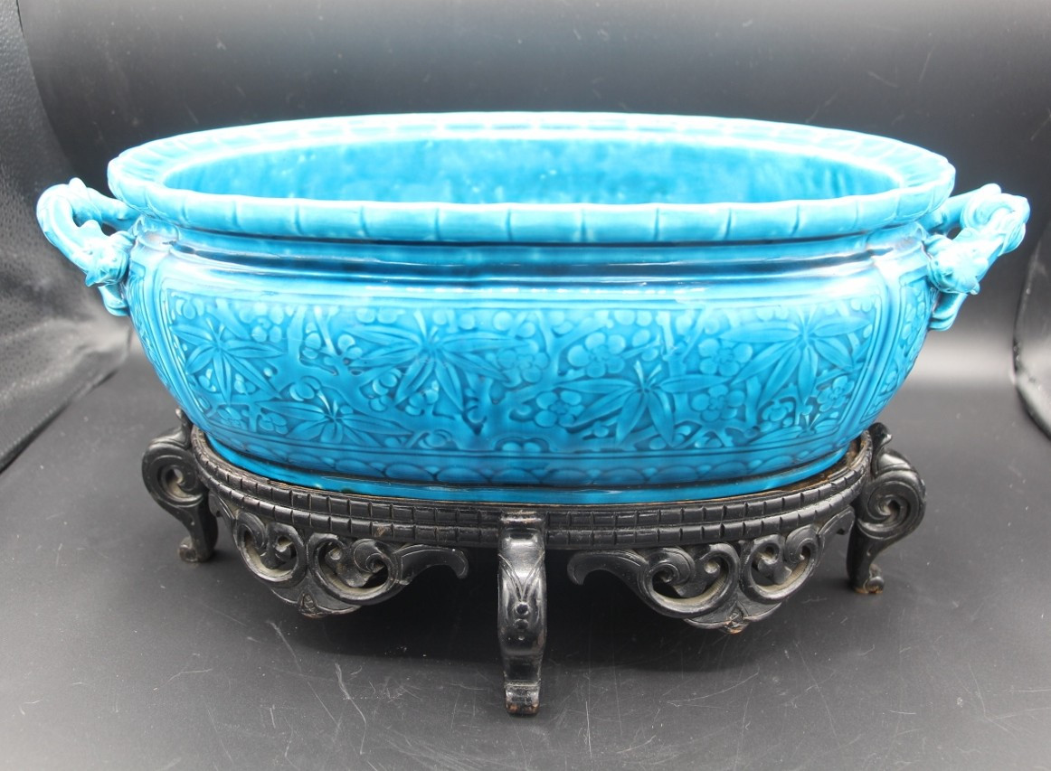 Jardinière ovale en céramique de Théodore Deck bleu