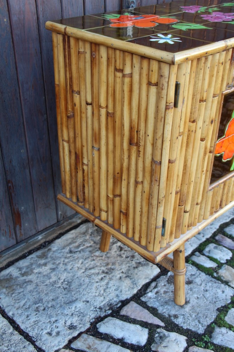 Bamboo And Ceramic Sideboard From The 1960s French Riviera -photo-2