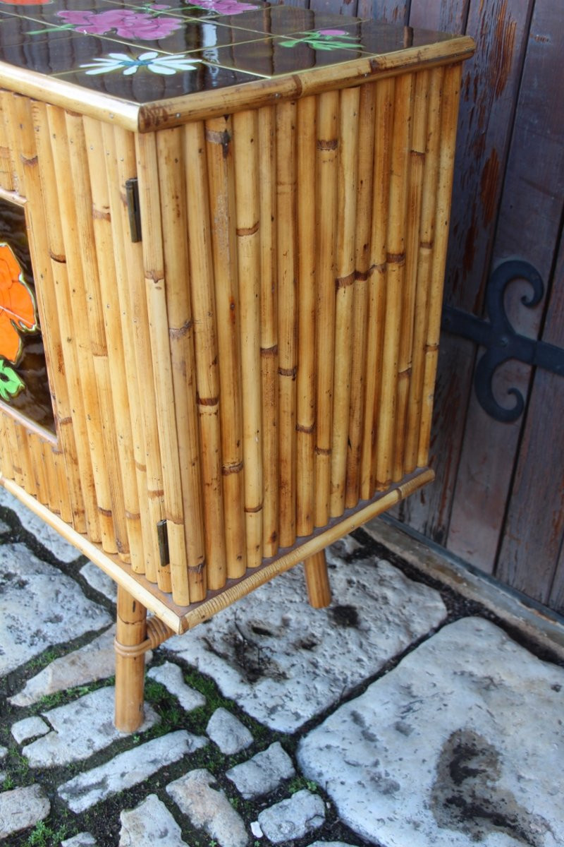 Bamboo And Ceramic Sideboard From The 1960s French Riviera -photo-3