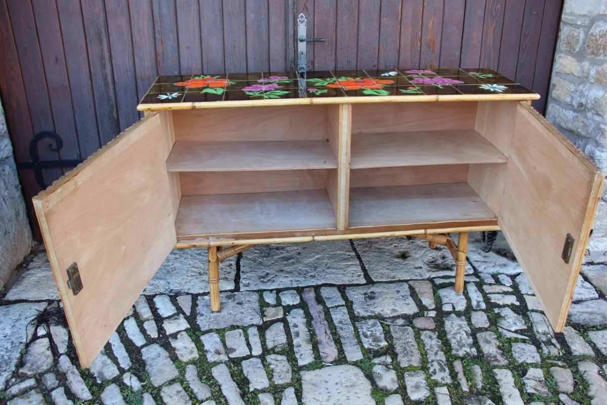 Bamboo And Ceramic Sideboard From The 1960s French Riviera -photo-2