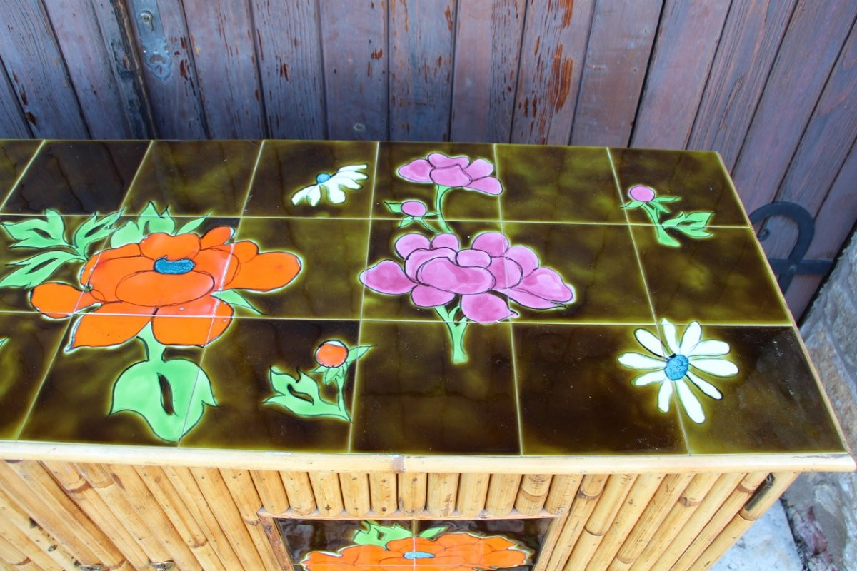 Bamboo And Ceramic Sideboard From The 1960s French Riviera -photo-4
