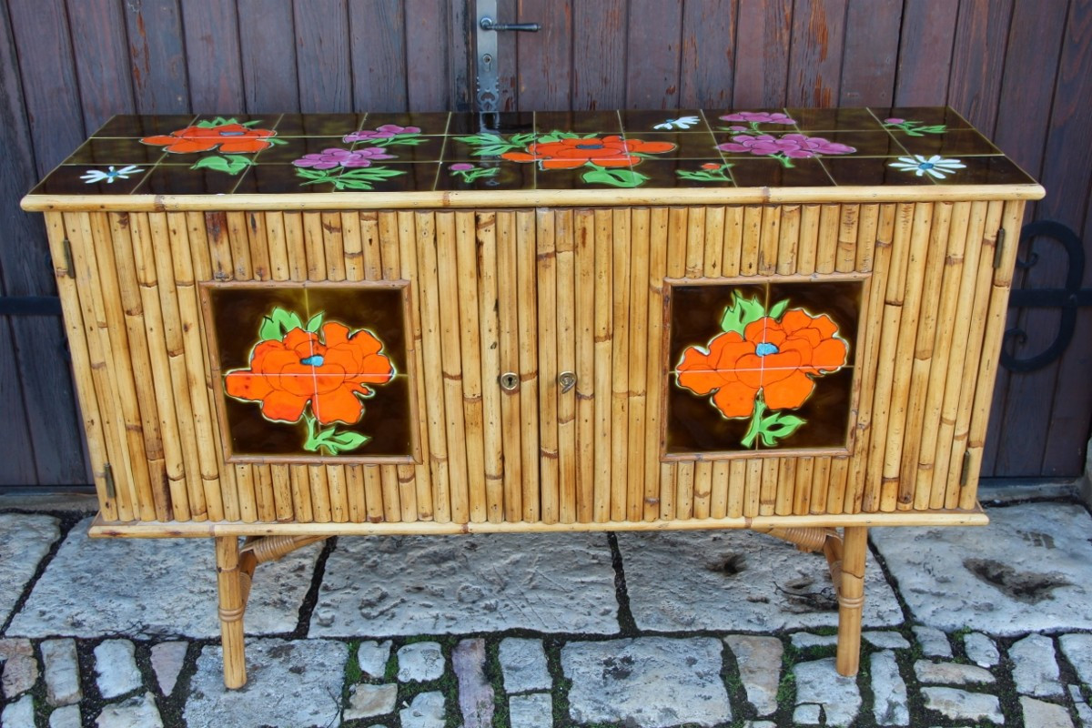 Bamboo And Ceramic Sideboard From The 1960s French Riviera 