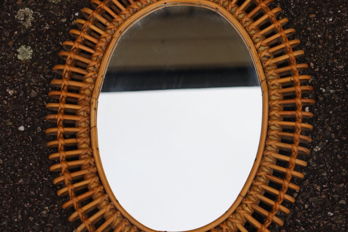 paire de miroirs ovale en rotin de franco albini année 60-photo-3