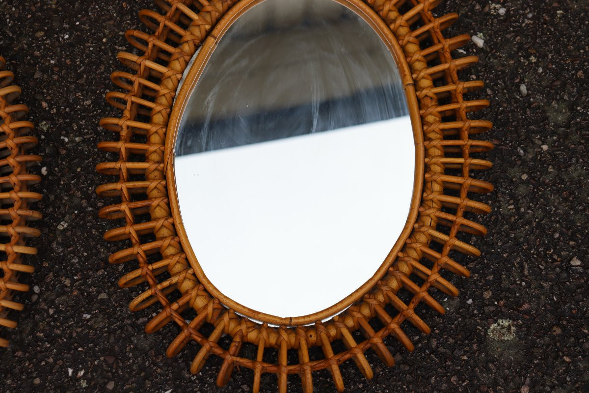 paire de miroirs ovale en rotin de franco albini année 60-photo-2