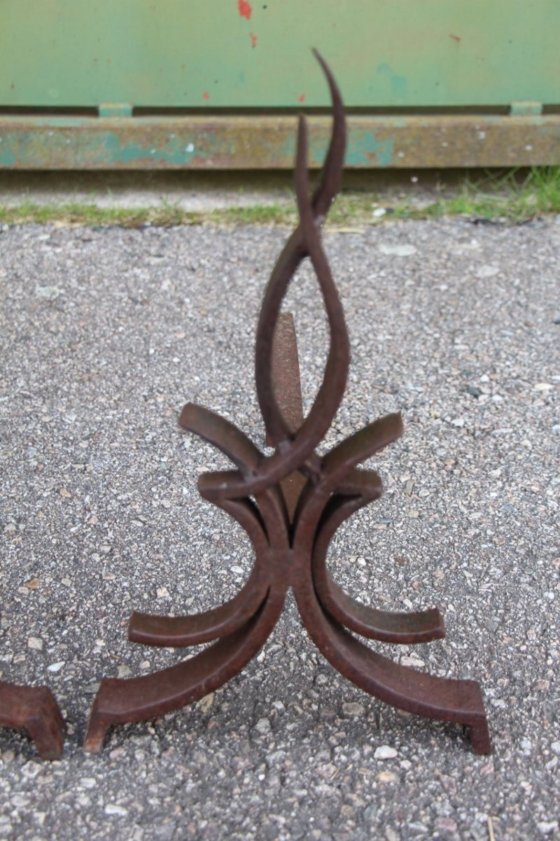 Pair Of Chenets Attributed To Raymond Subes, Flame Model-photo-3