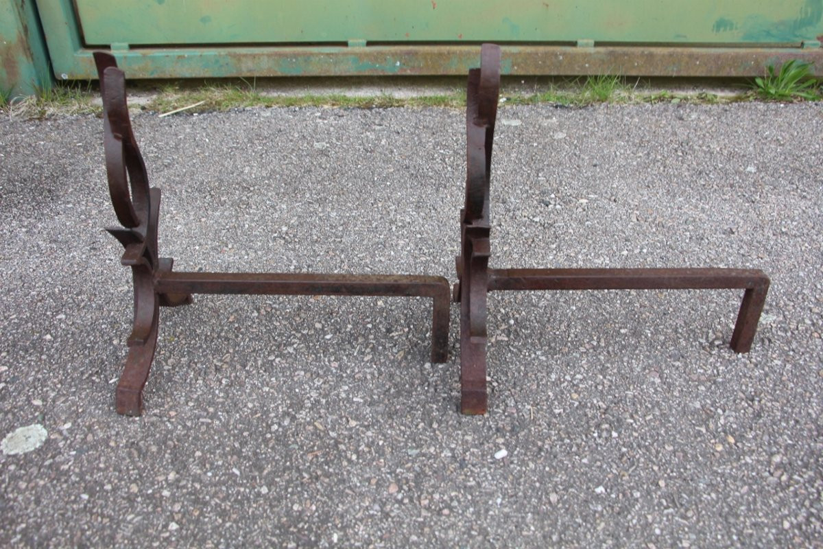 Pair Of Chenets Attributed To Raymond Subes, Flame Model-photo-4