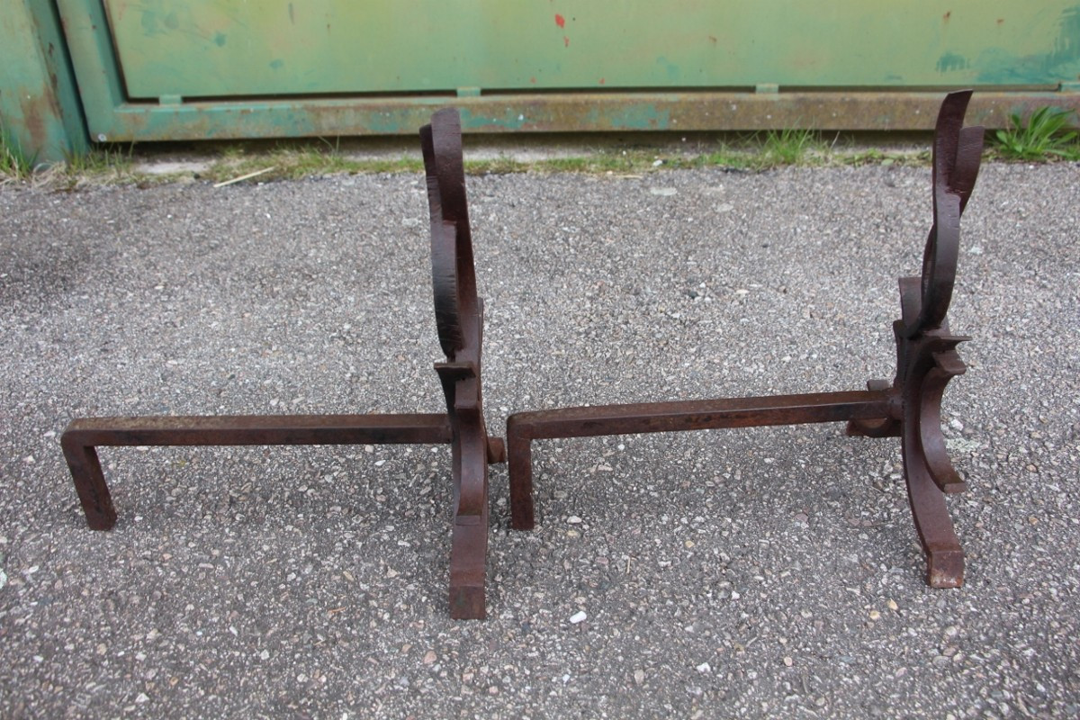 Pair Of Chenets Attributed To Raymond Subes, Flame Model-photo-2