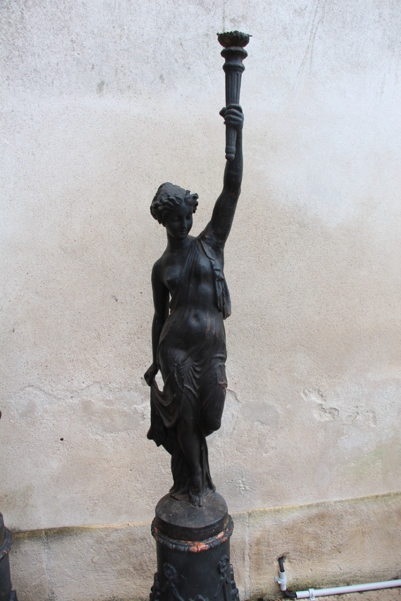 Pair Of 19th-century Cast Iron Torchères, L. Gasne Foundry In Tusey-photo-2