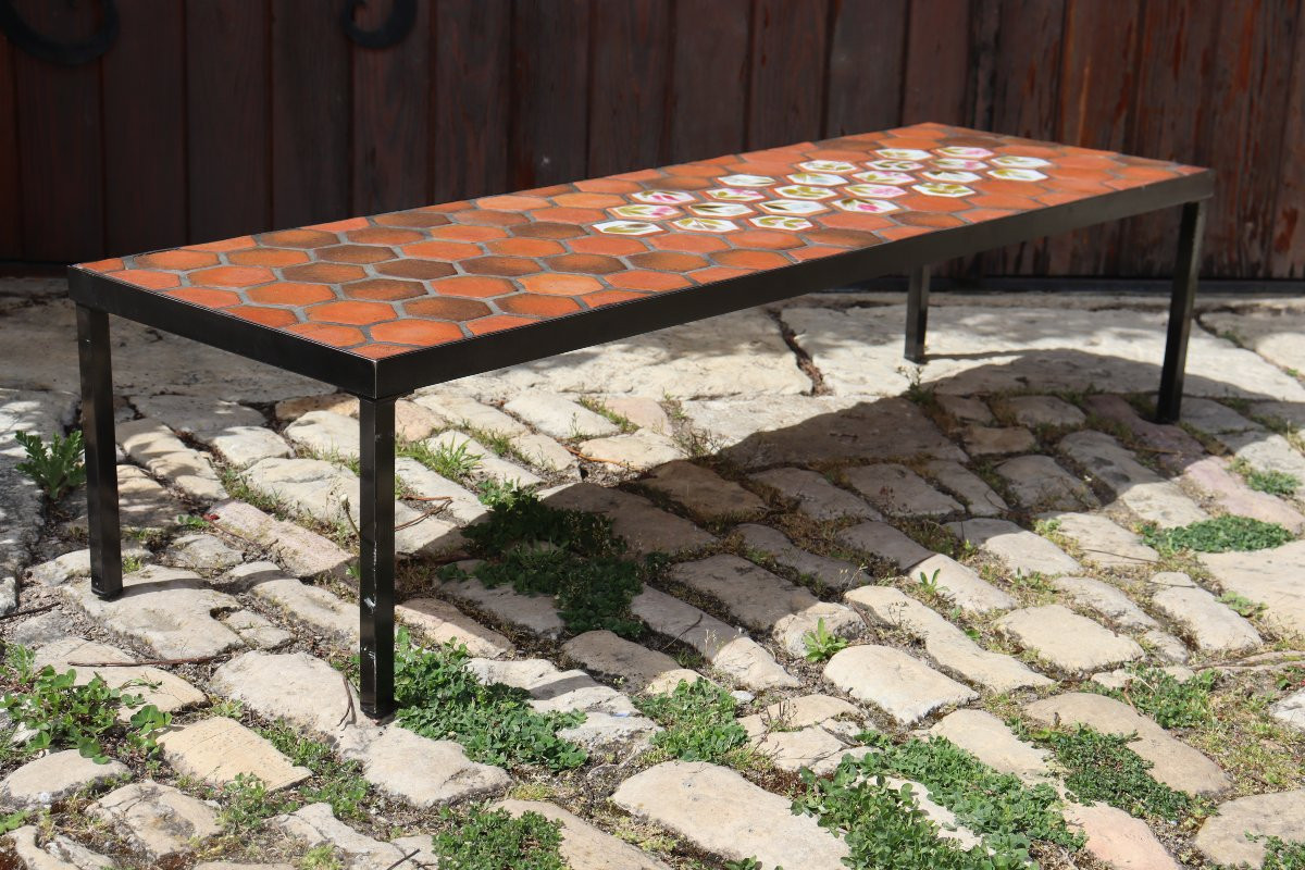 Table basse céramique par Roger Capron aux fleurs-photo-2