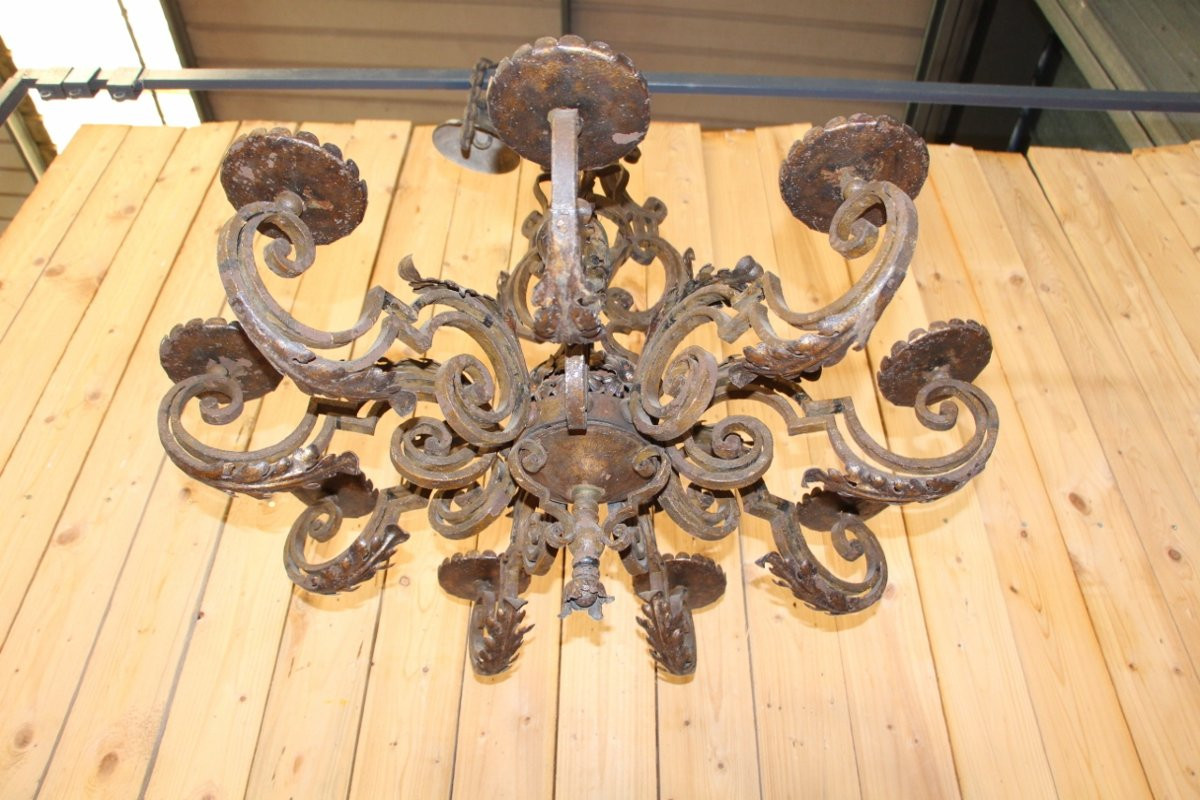 lustre en fer forgé XVIIIeme XIXeme aux armoiries-photo-2