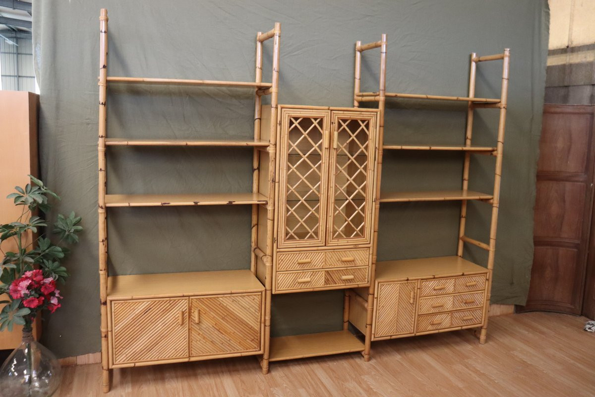 grande étagère/bibliothéque en rotin et bambou année 60's italie-photo-7