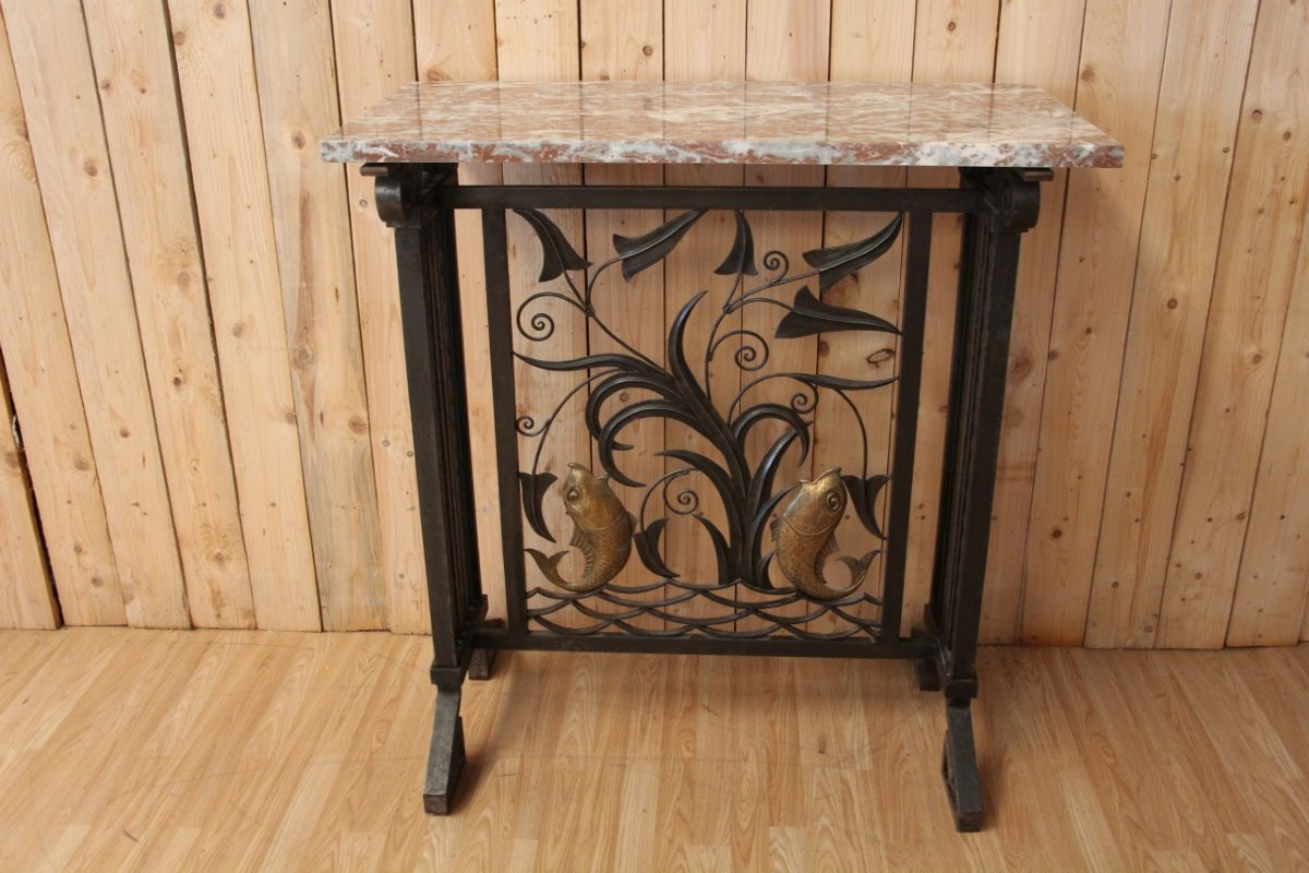 console art déco en fer forgé attribué a Brandt " fond marin " -photo-2
