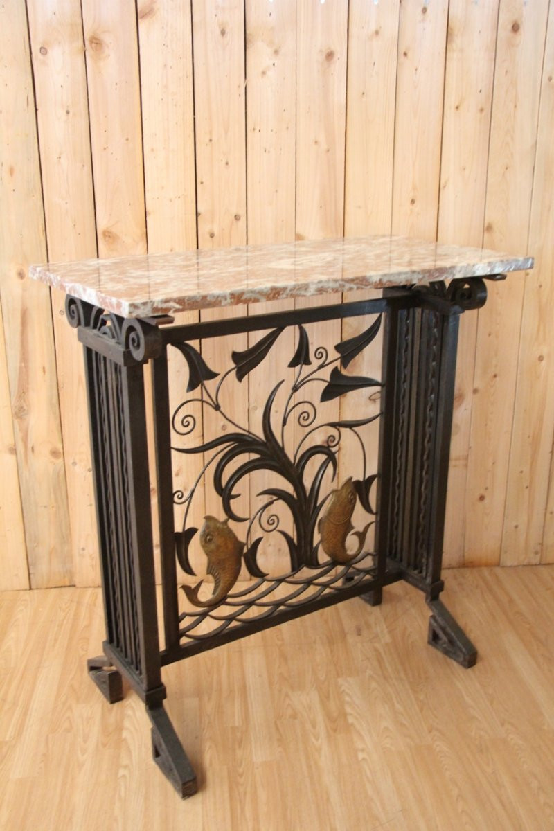 console art déco en fer forgé attribué a Brandt " fond marin " -photo-7