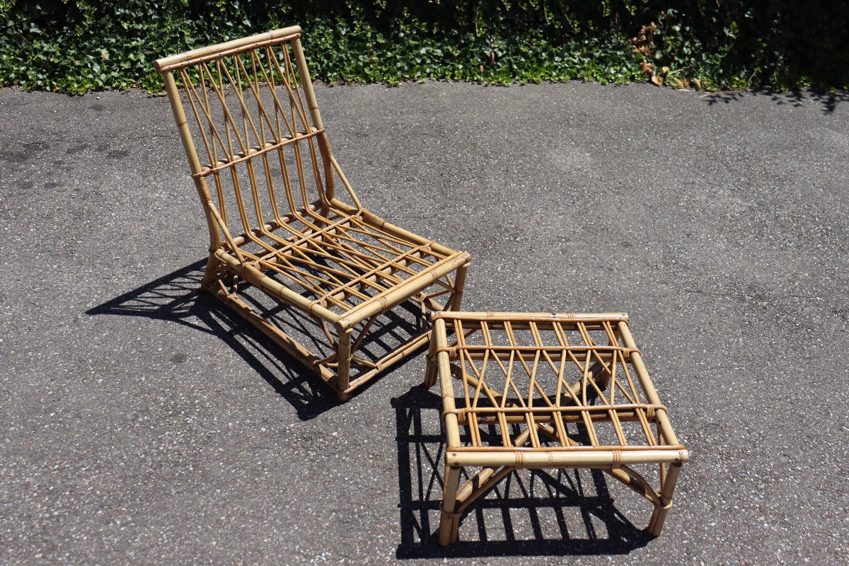 Rattan Armchair With Footrest By Audoux & Minnet, 1950-photo-2