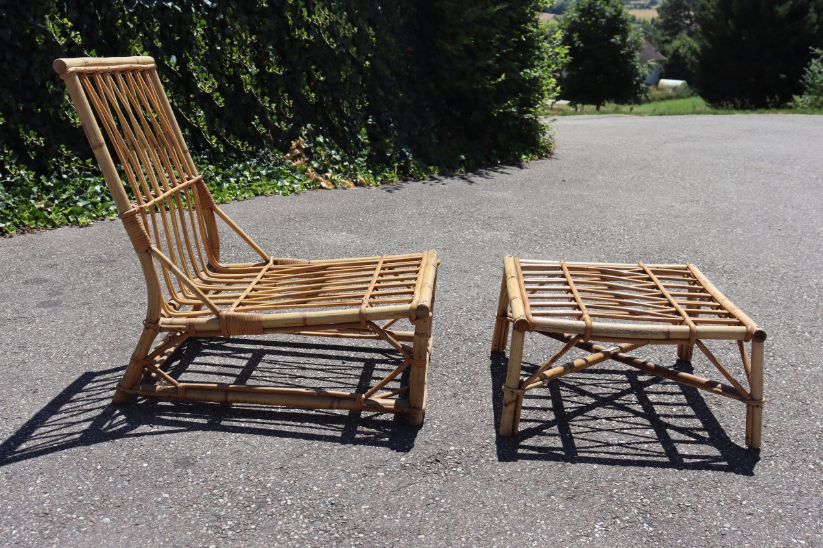 Rattan Armchair With Footrest By Audoux & Minnet, 1950-photo-3