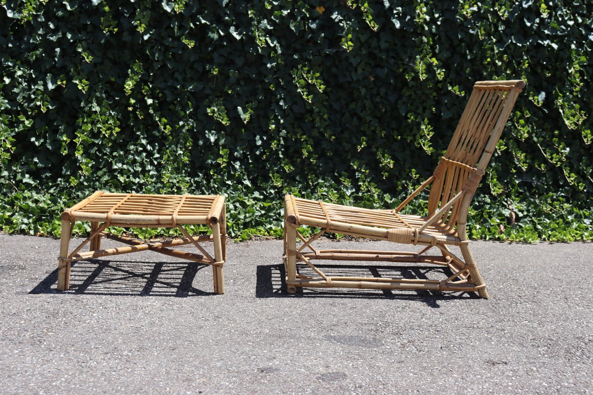 Rattan Armchair With Footrest By Audoux & Minnet, 1950-photo-4