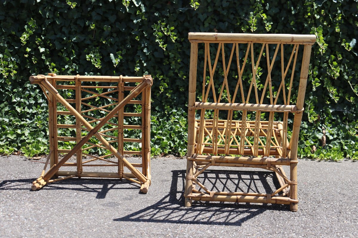 Rattan Armchair With Footrest By Audoux & Minnet, 1950-photo-1