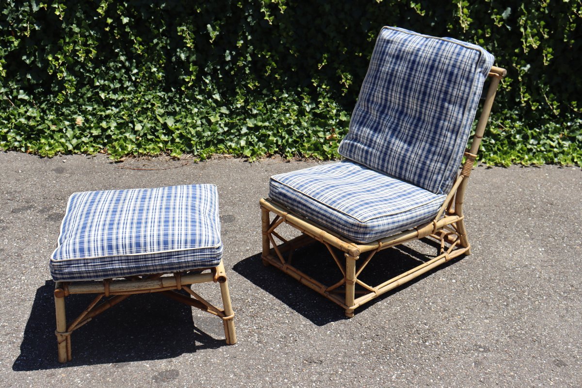 Rattan Armchair With Footrest By Audoux & Minnet, 1950-photo-2