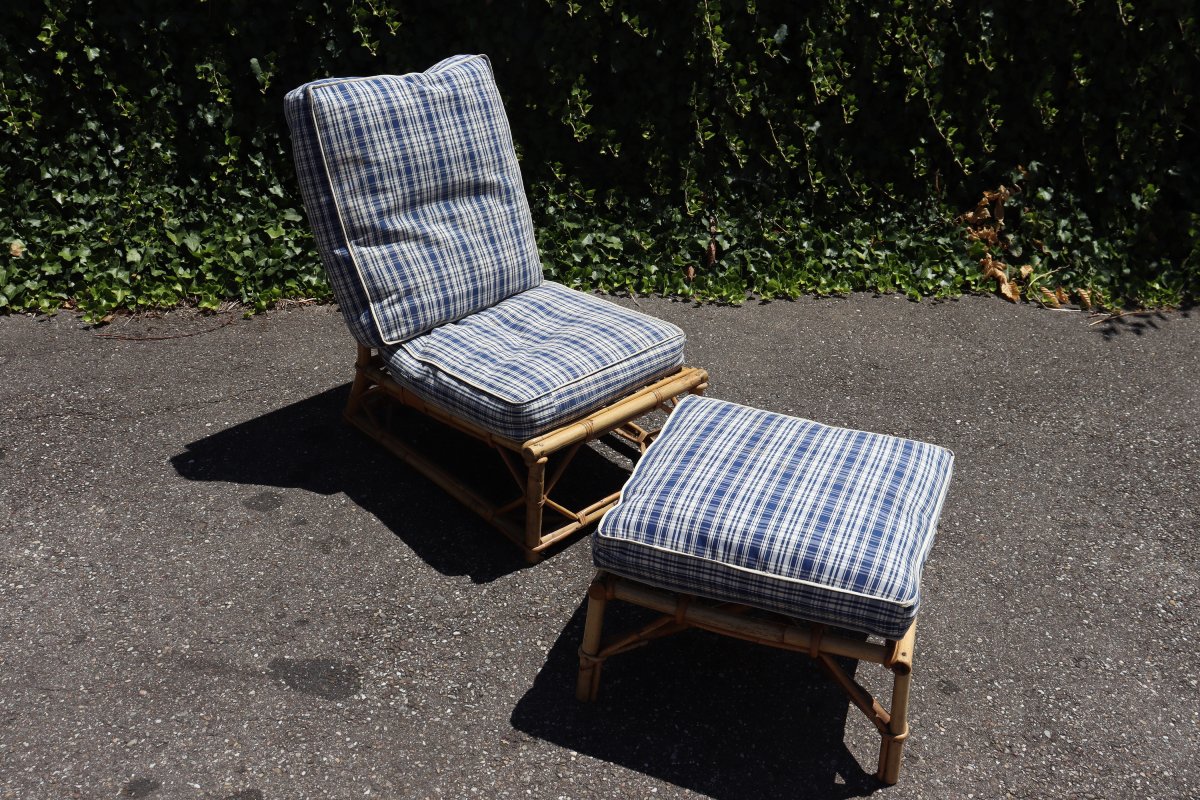 Rattan Armchair With Footrest By Audoux & Minnet, 1950-photo-3