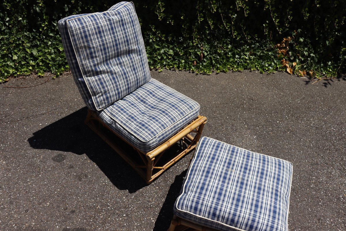 Rattan Armchair With Footrest By Audoux & Minnet, 1950-photo-4