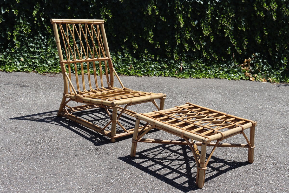 Rattan Armchair With Footrest By Audoux & Minnet, 1950