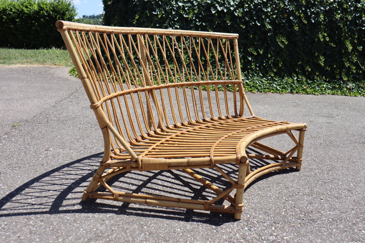 banquette rotin vintage par Audoux Minnet 1950