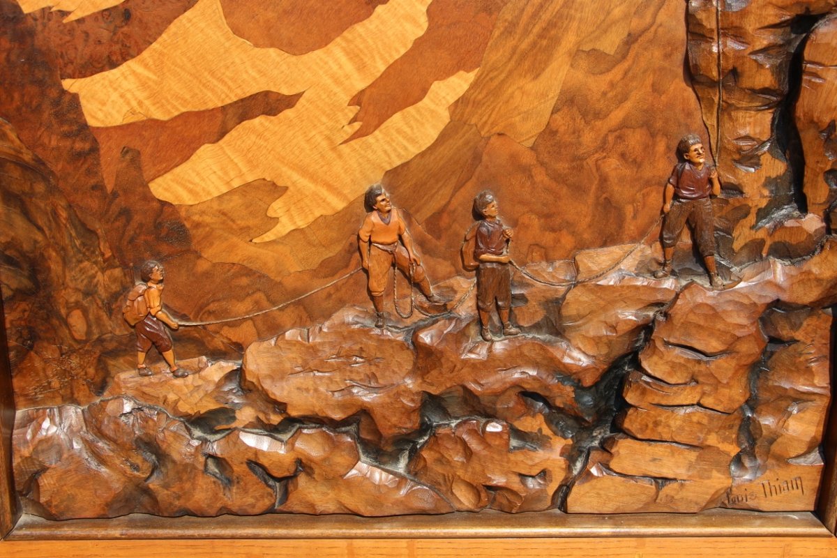 Large Marquetry Piece Titled "la Cordée" By Louis Thiam (1914–1973)-photo-2